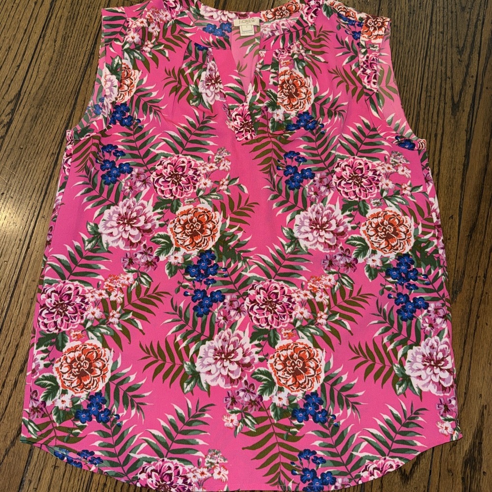 J. CREW Hot Pink Tropical Floral Sleeveless Split Neck Tank‎ Top Blouse Size 4